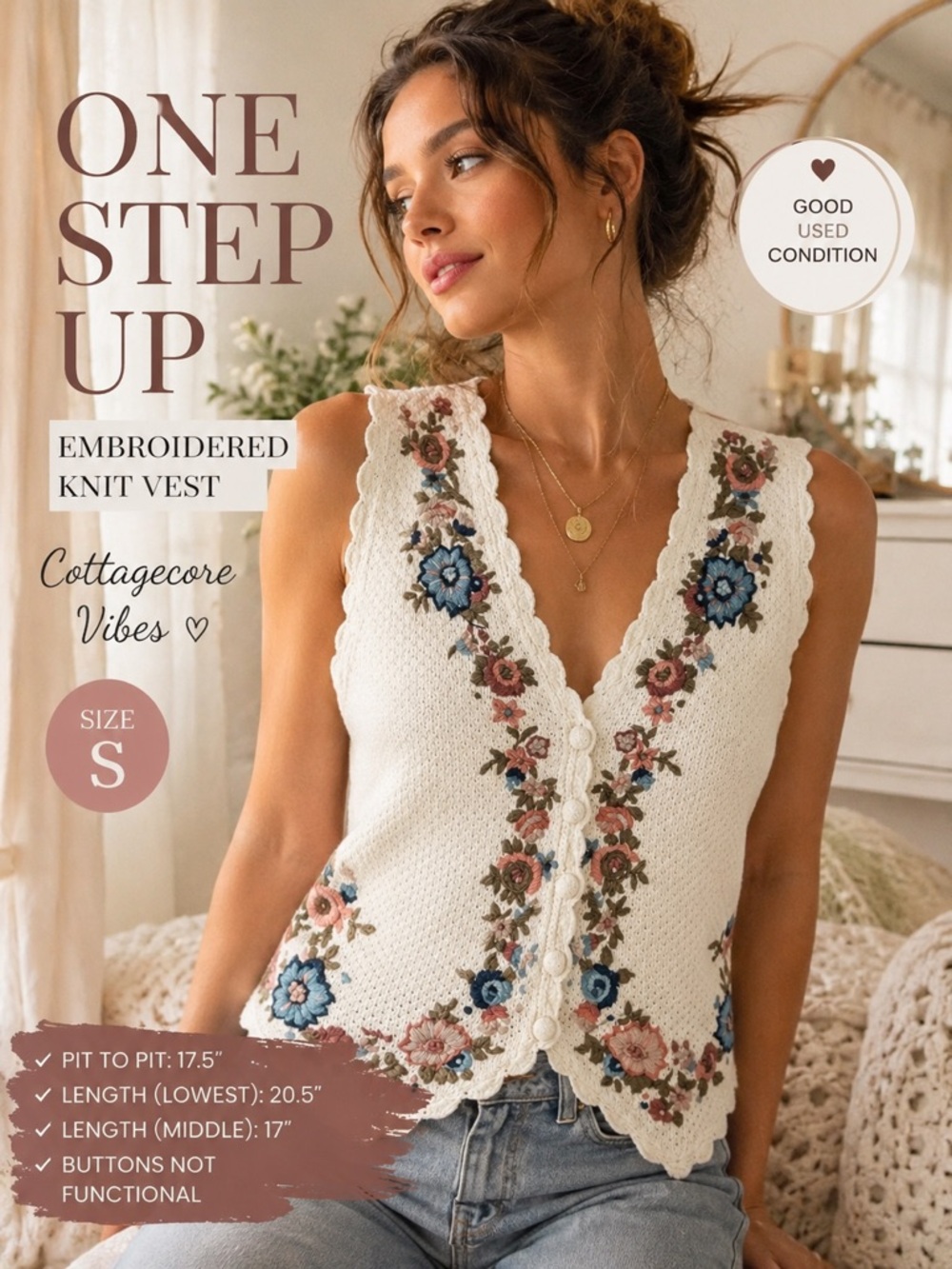 One Step Up Embroidered Knit Sweater Vest – Size Small – Cottagecore Boho Floral